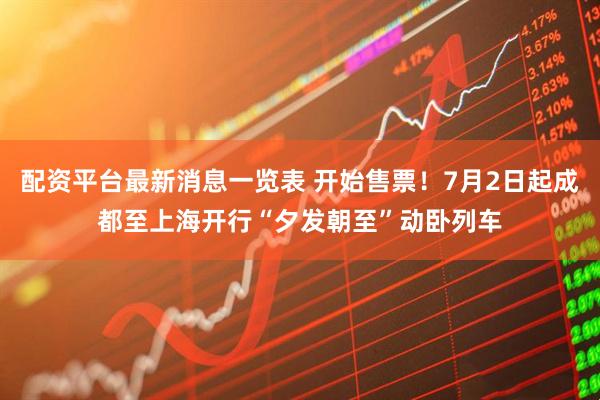 配资平台最新消息一览表 开始售票！7月2日起成都至上海开行“夕发朝至”动卧列车